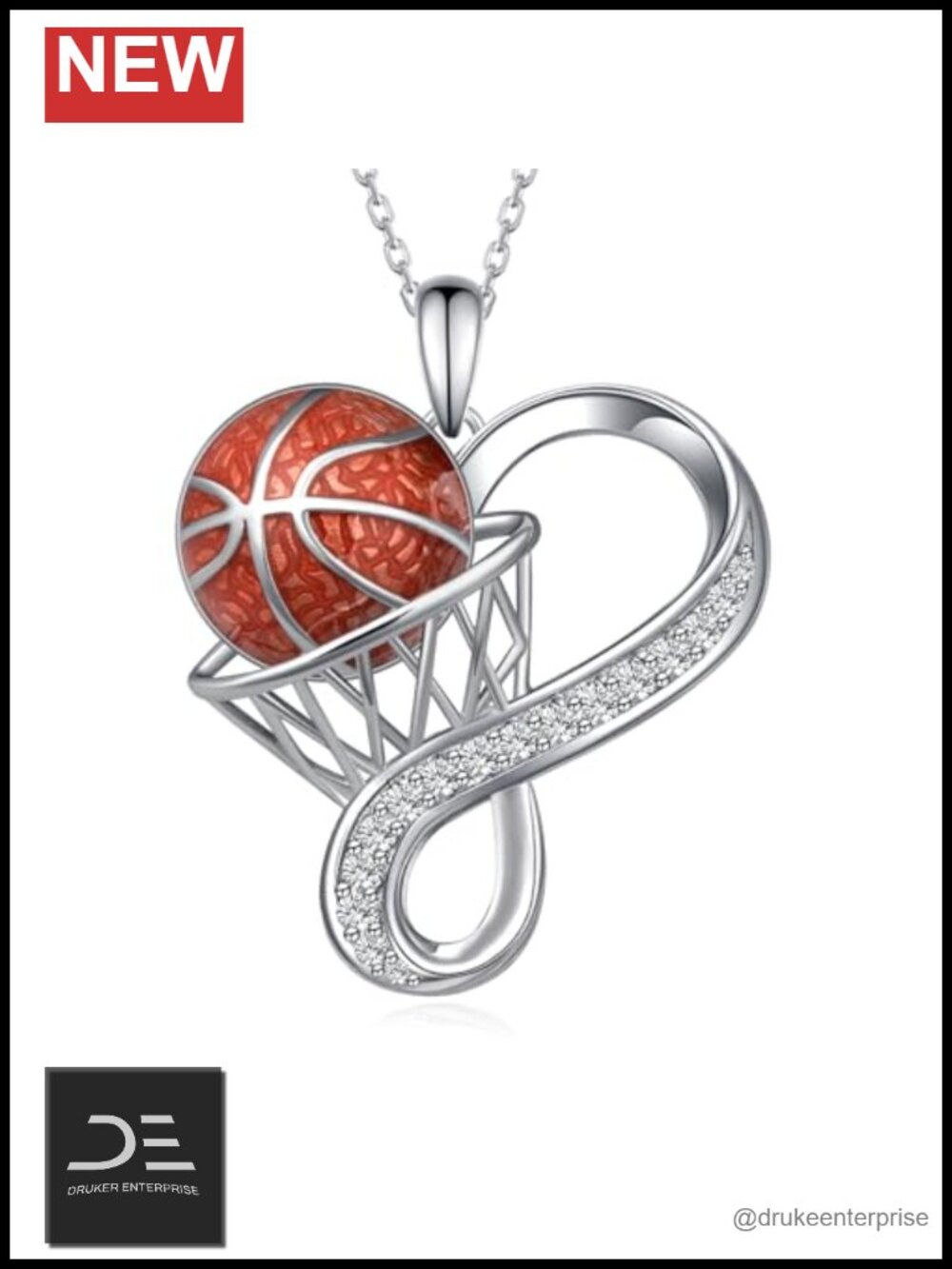 925 Sterling Silver Sport Pendant Necklace Women Cubicle Zirconia Basketball